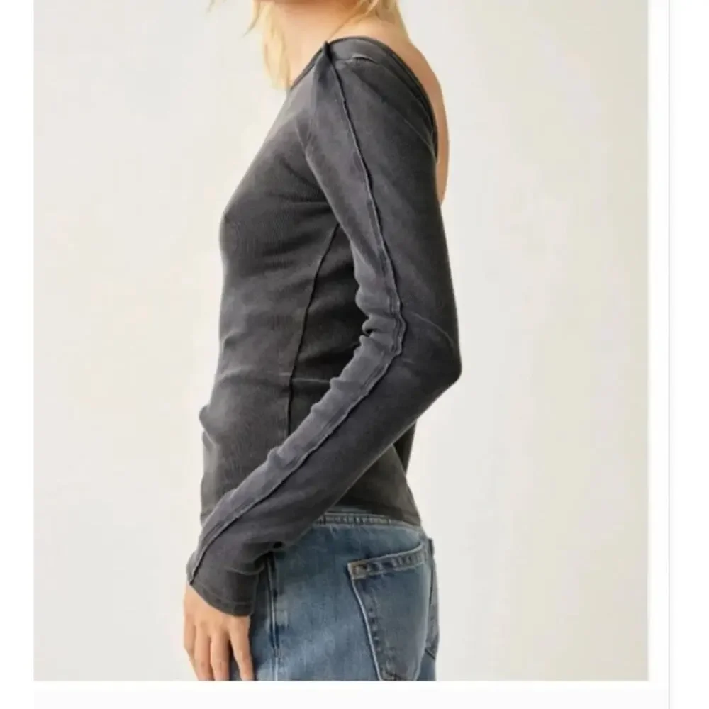 NEW Free People Unapologetic Long Sleeve Ribbed Tee Black Scoop Back S top